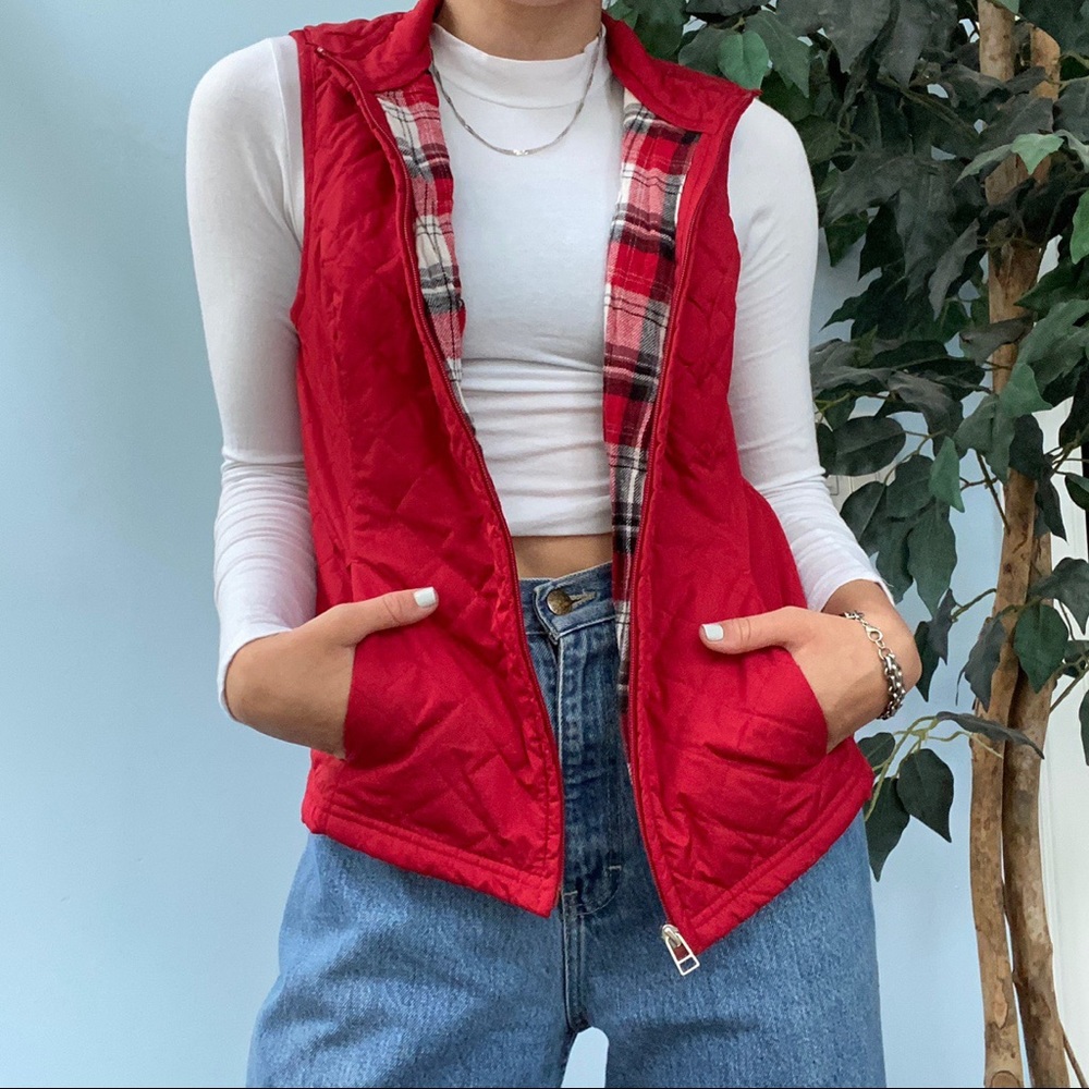 SOLD Red vest with plaid lining inside